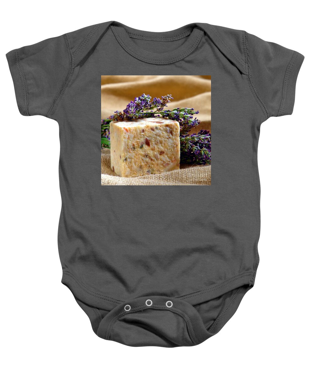Aromatherapy Baby Onesie featuring the photograph Natural Aromatherapy Scented Soap and Lavender by Olivier Le Queinec