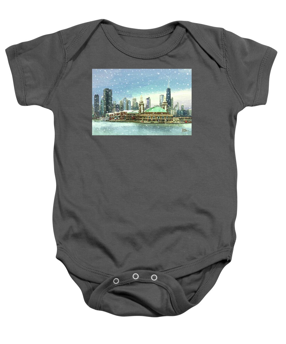 Navy Pier Winter Snow By Doug Kreuger Baby Onesie featuring the painting Navy Pier Winter Snow by Doug Kreuger