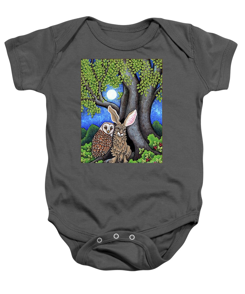 Hare Baby Onesie featuring the painting Night Gossips Hare and Owl Determine the Whos Who by Amy E Fraser