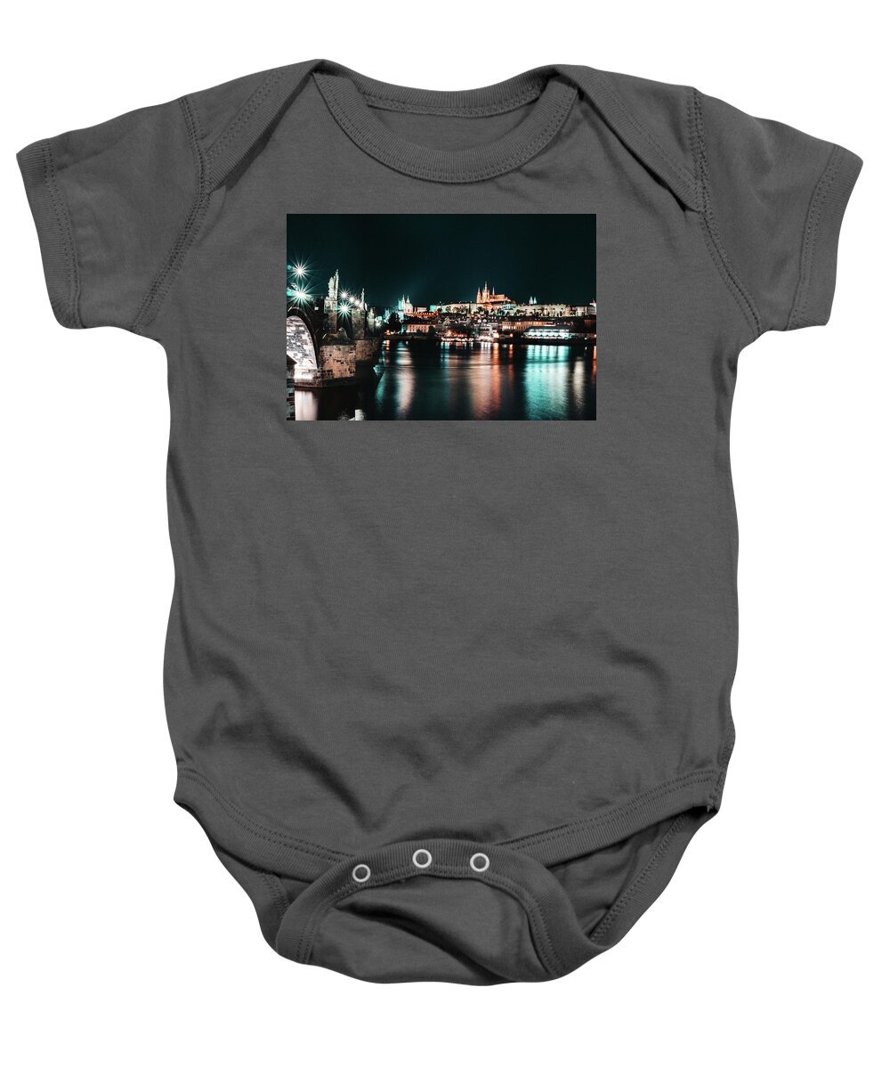 Lamps Baby Onesie featuring the photograph Night long exposition of Charles Bridge in Prague by Vaclav Sonnek