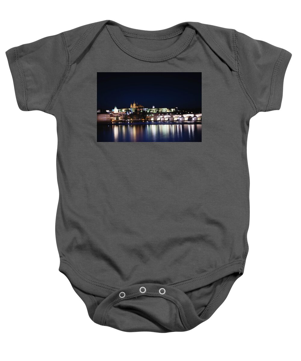 Lamps Baby Onesie featuring the photograph Night view of the old town of Prague with Prague Castle by Vaclav Sonnek