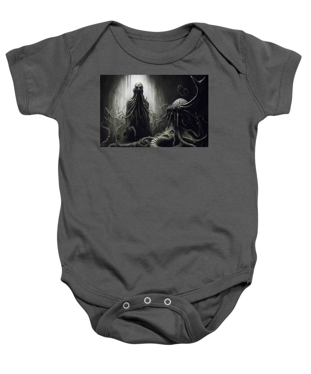Cthulhu Baby Onesie featuring the painting Nightmares are living in our World, 10 by AM FineArtPrints