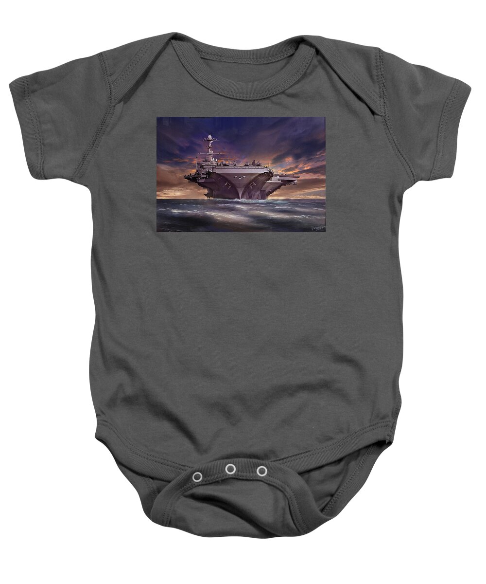 Navy Baby Onesie featuring the digital art Nimitz Class - gold purple by James Vaughan
