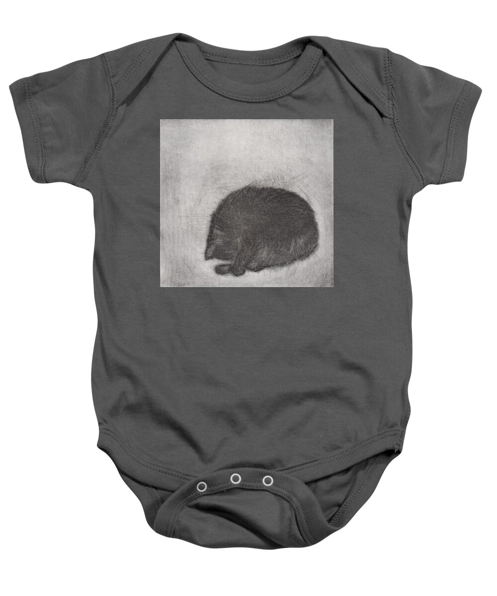 Cat Baby Onesie featuring the drawing Nonchaloir - etching by David Ladmore