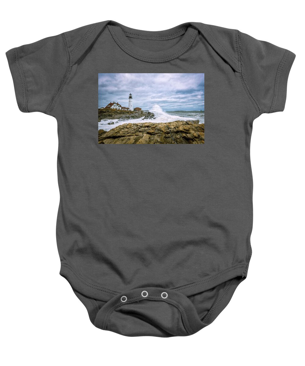 Big Surf Baby Onesie featuring the photograph Nor'easter, Portland Head Light. by Jeff Sinon
