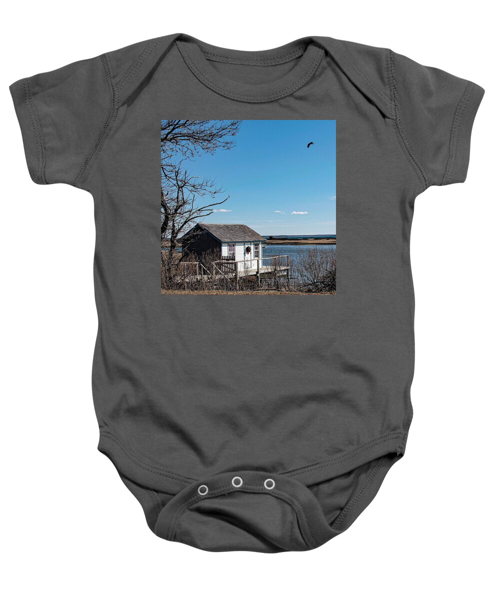 Shack House Water Bird Pond Lake Porch Baby Onesie featuring the photograph North Fork shack1 by John Linnemeyer