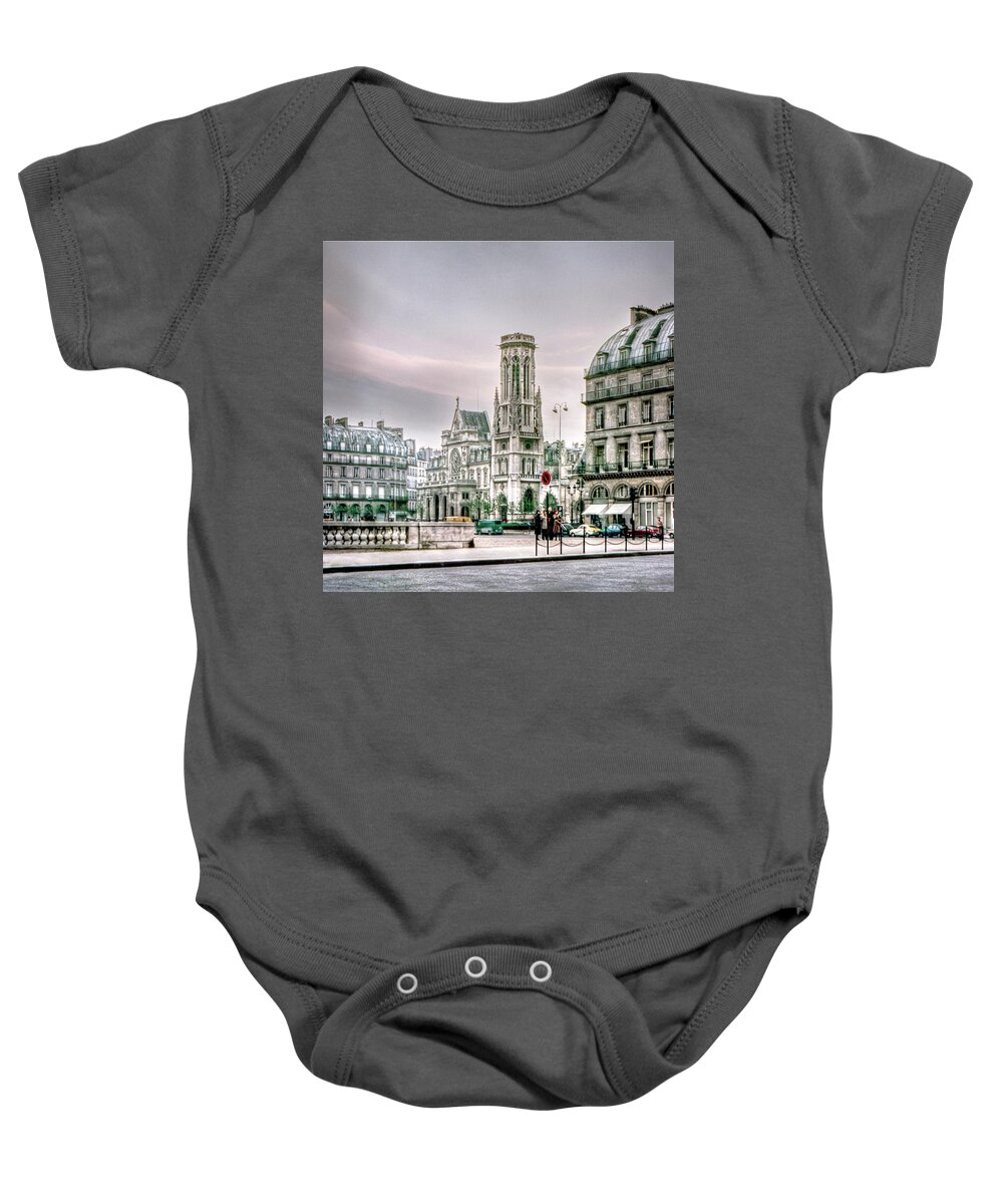 Paris Baby Onesie featuring the photograph Notre Dame Cathedral, Paris 1960 by Frank Lee