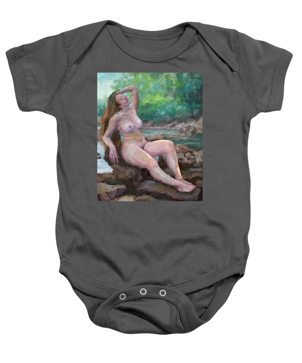 Plein Air Baby Onesie featuring the painting Nude woman by creek by Jeff Dickson