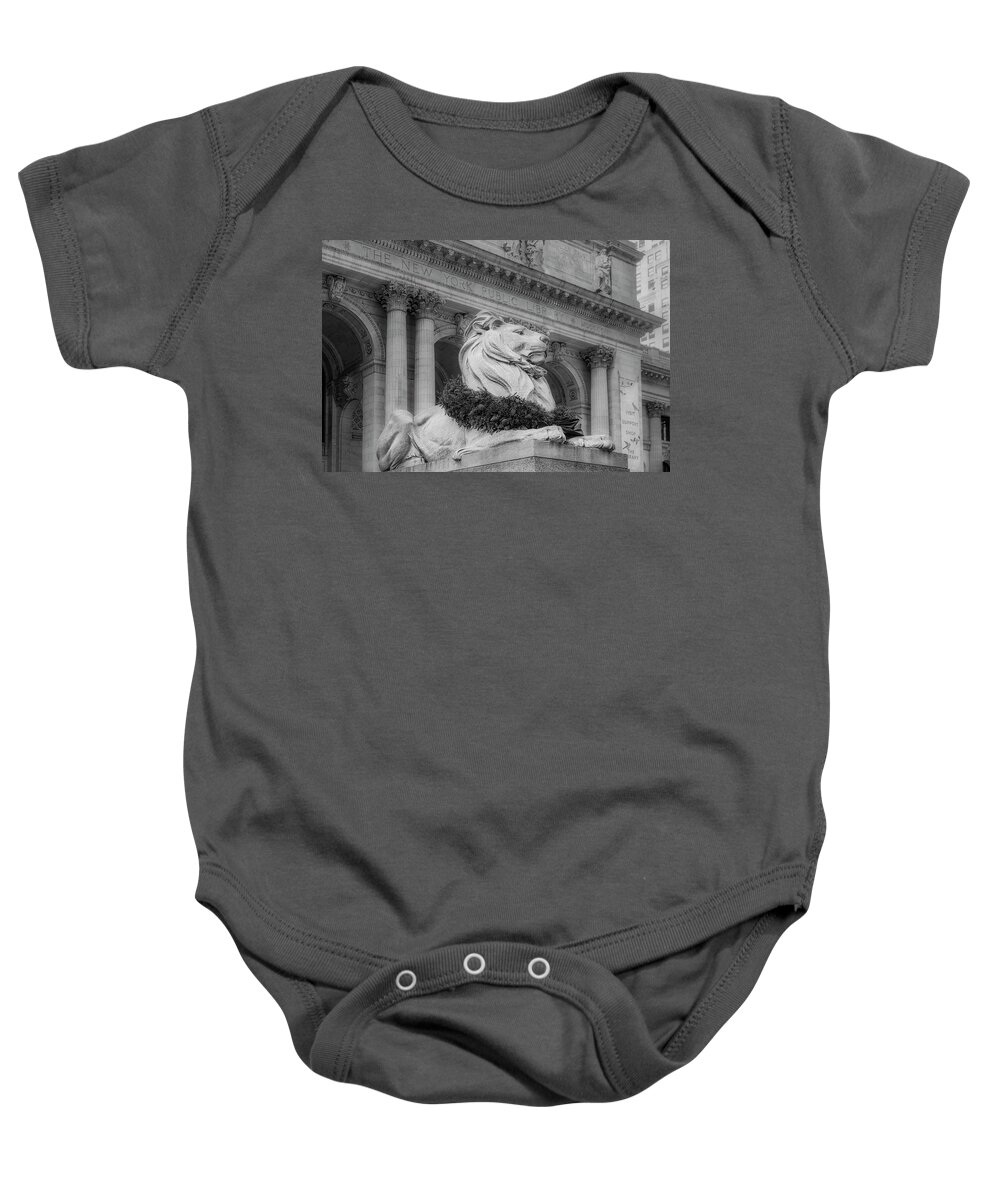 New York Public Library Baby Onesie featuring the photograph NYPL Patience Lion BW by Susan Candelario
