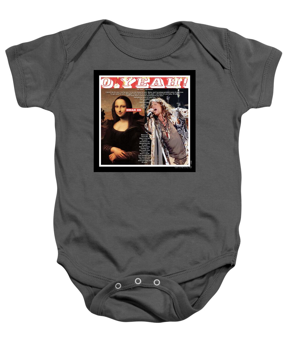 Mona Lisa Baby Onesie featuring the mixed media Mona Lisa and Aerosmith - O' Yeah - Mixed Media Record Album Cover Pop Art Collage by Steven Shaver