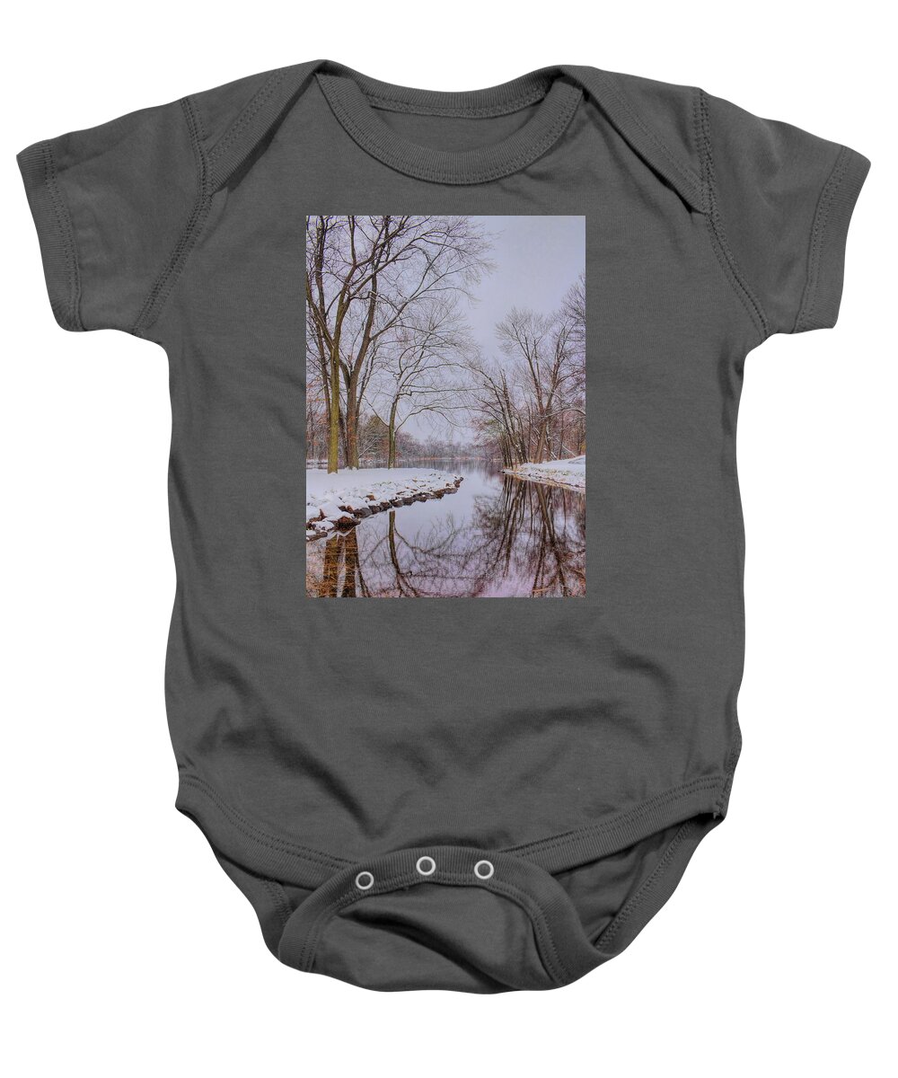 Wausau Baby Onesie featuring the photograph Oak Park Snow And Reflection by Dale Kauzlaric