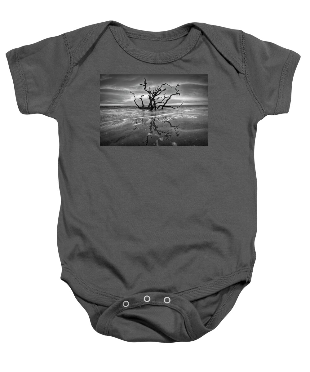 Clouds Baby Onesie featuring the photograph Oak Tree in the Surf at Jekyll Island Black and White by Debra and Dave Vanderlaan