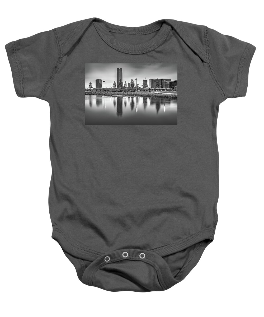 Oklahoma City Baby Onesie featuring the photograph Oklahoma City Skyline Over Scissortail Park Lake in Black and White by Gregory Ballos