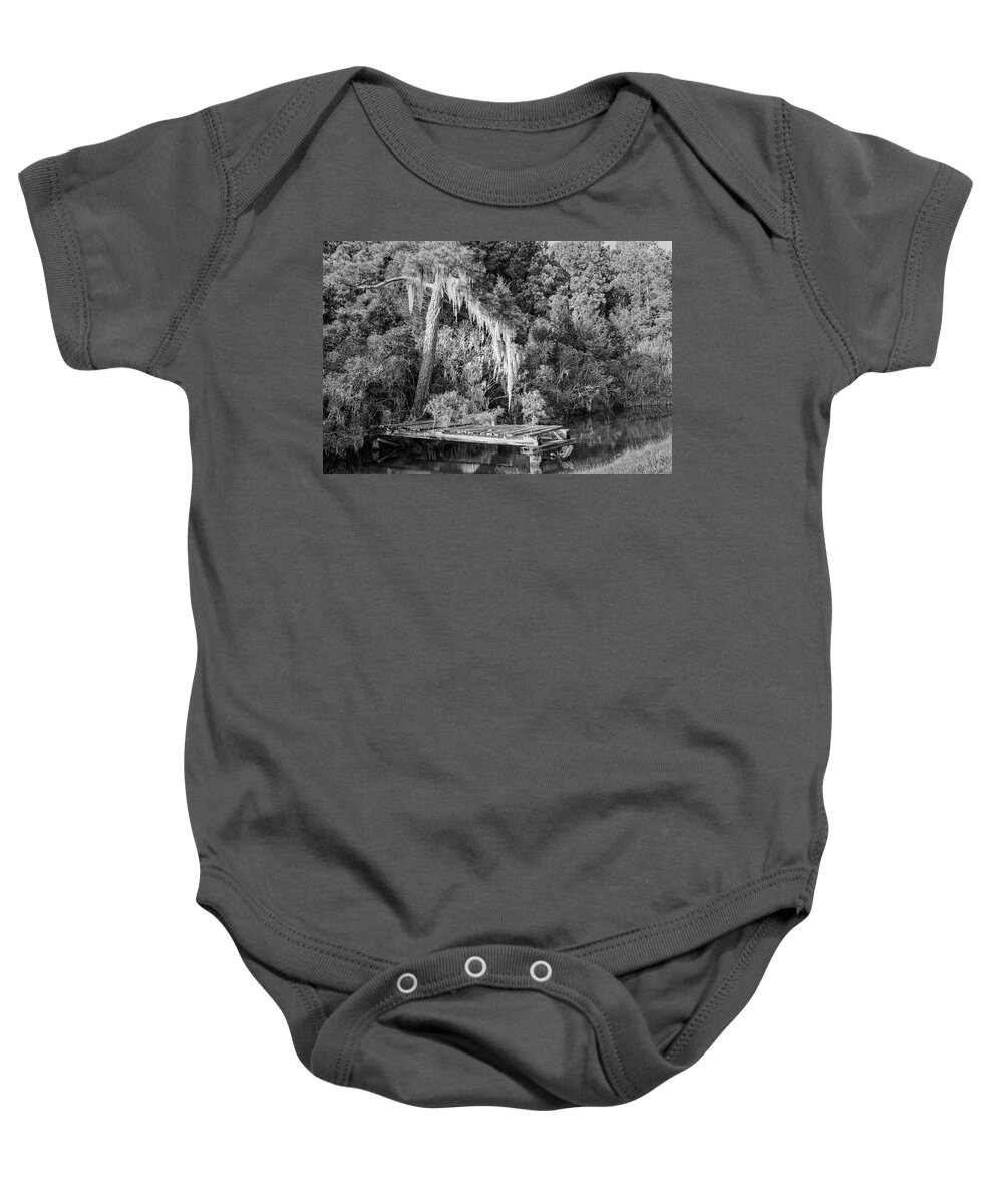 Spanish Moss Baby Onesie featuring the photograph Old Dock and Spaish Moss - Hobucken North Carolina by Bob Decker
