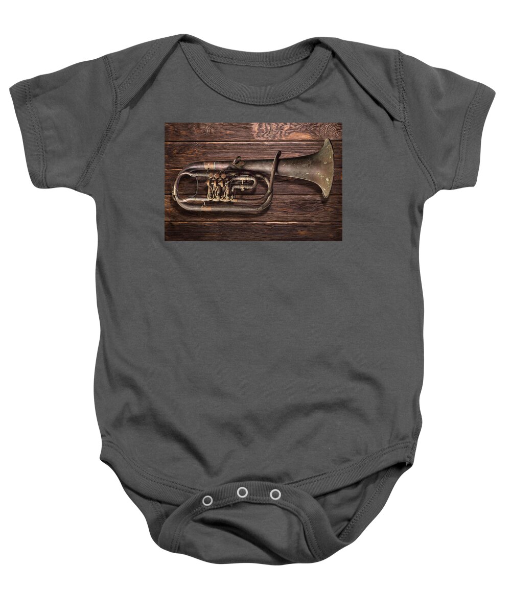 Trumpet Baby Onesie featuring the photograph Old Horn by Ally White