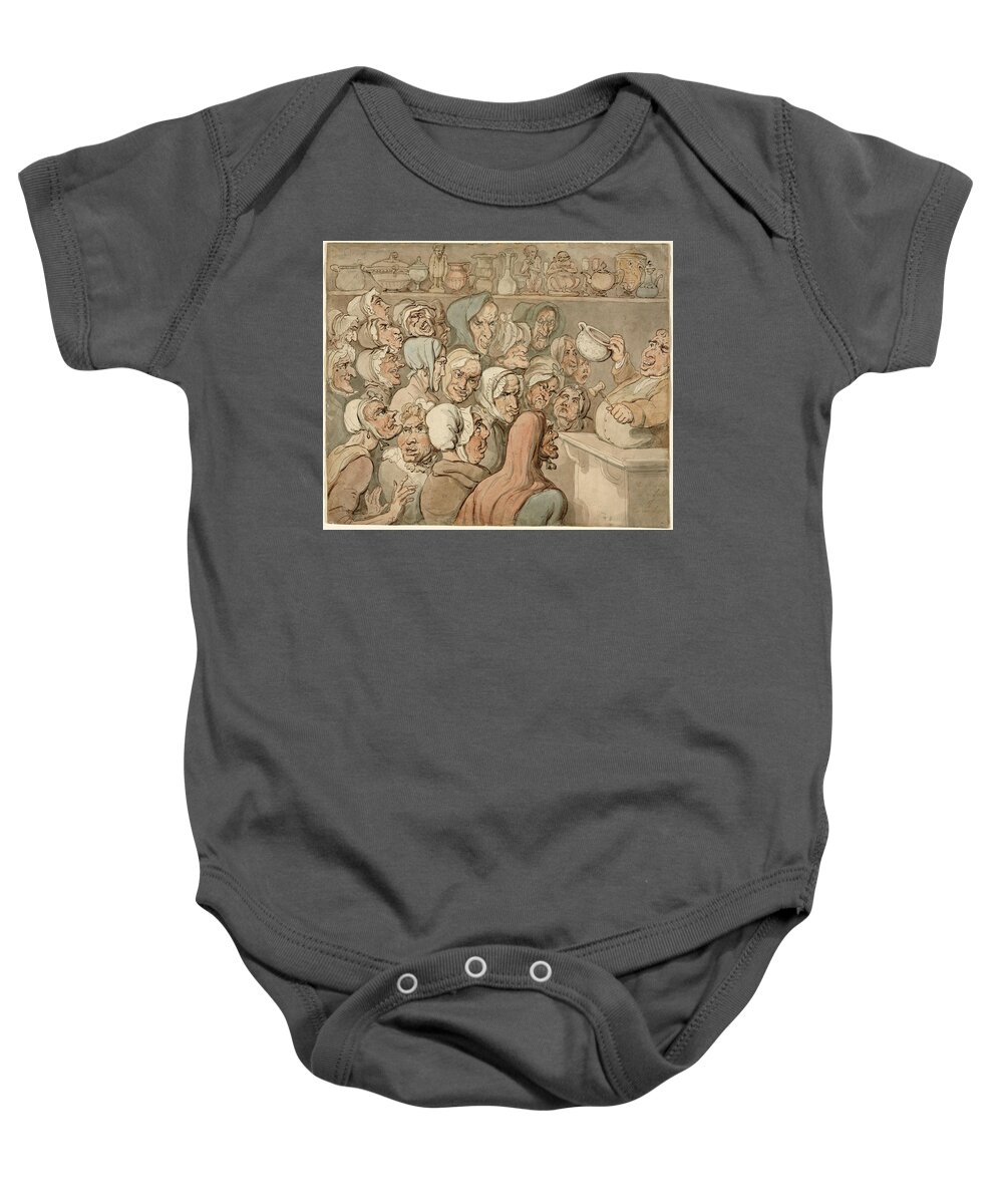 Thomas Rowlandson Baby Onesie featuring the drawing Old Maids at a Sale of Curiosities by Thomas Rowlandson