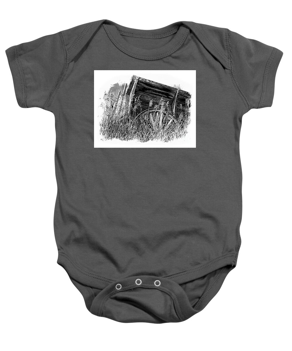 2133f Baby Onesie featuring the photograph Old Wagon In The Tall Grass BW by Al Bourassa