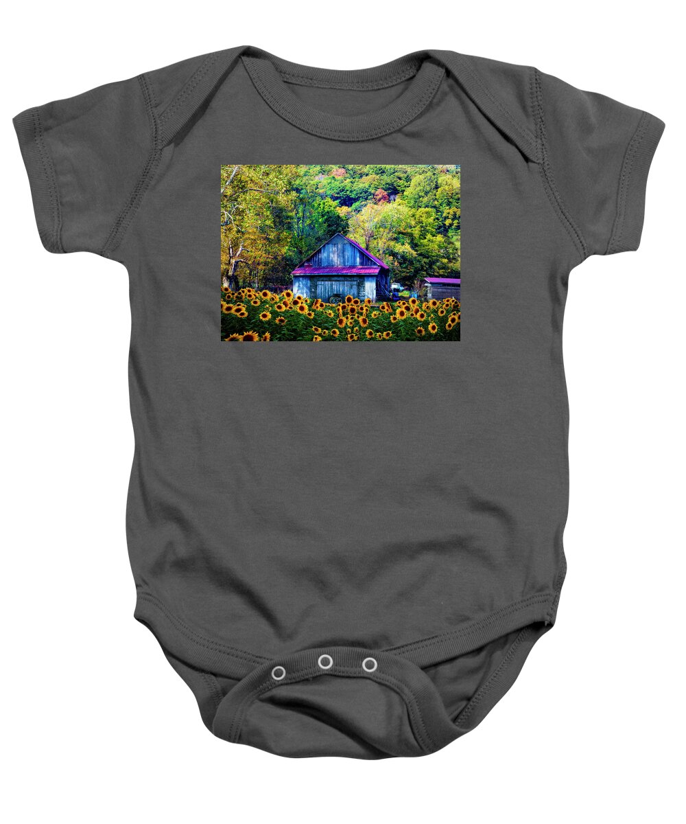 American Baby Onesie featuring the photograph Old Wood Barn in Sunflowers by Debra and Dave Vanderlaan