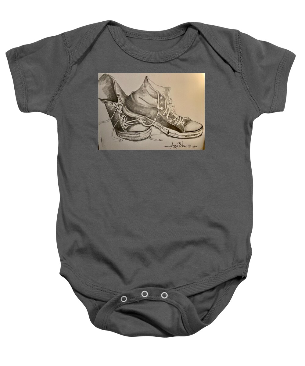  Baby Onesie featuring the drawing Ole Sneakers by Angie ONeal