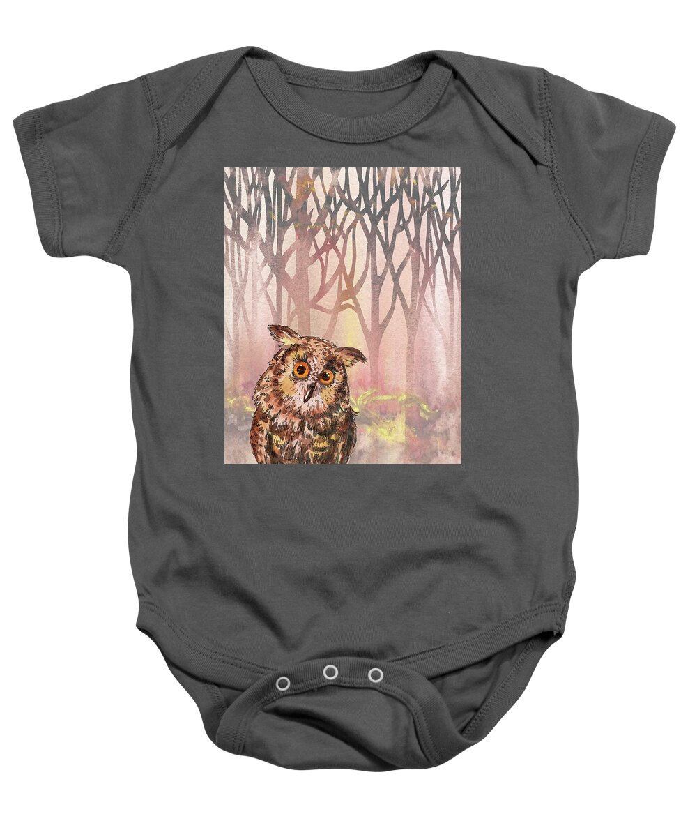 Cute Owl Baby Onesie featuring the painting On Forest Watch Cute Baby Owl Watercolor by Irina Sztukowski