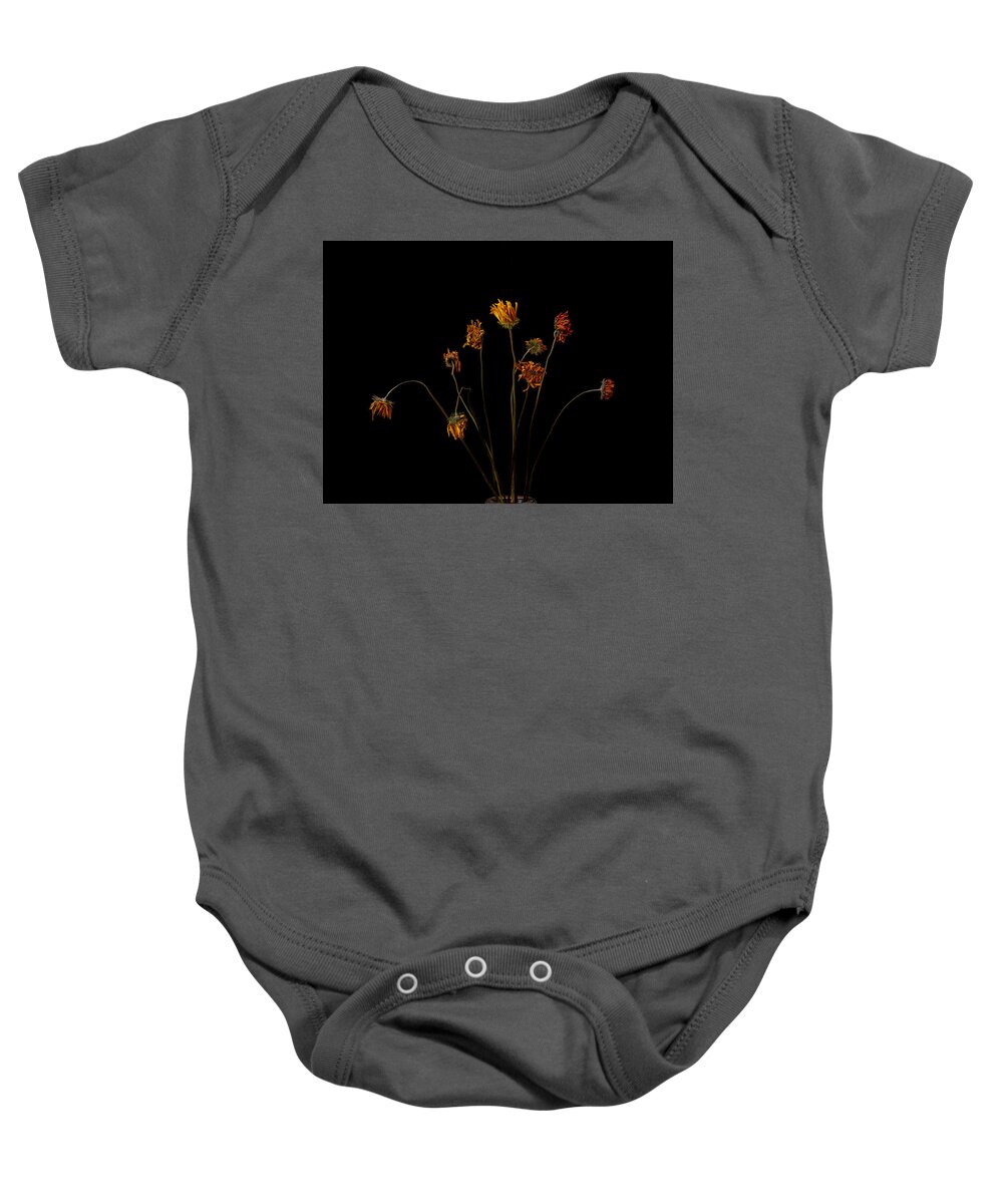 Impermanence Baby Onesie featuring the photograph On impermanence, wilted and dry yellow flowers by Alessandra RC