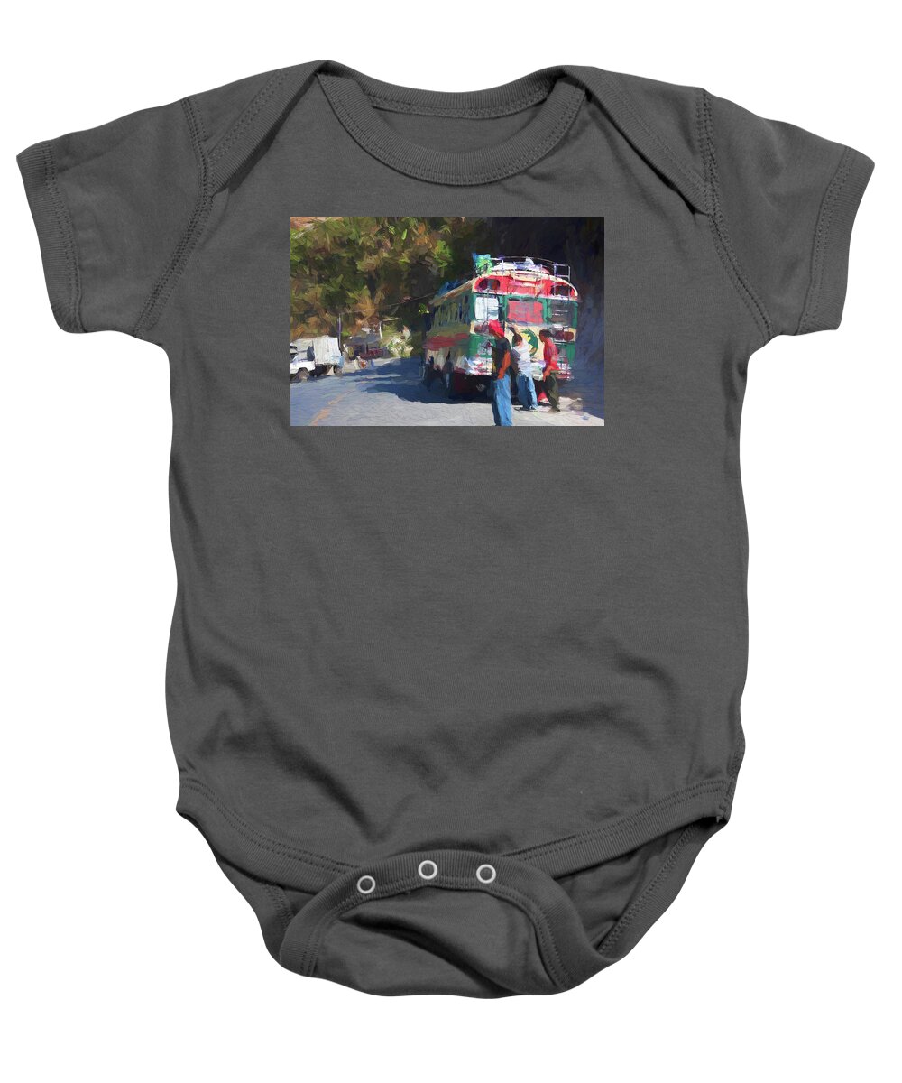 Bus Baby Onesie featuring the mixed media On the roads of Guatemala - Painting by Tatiana Travelways