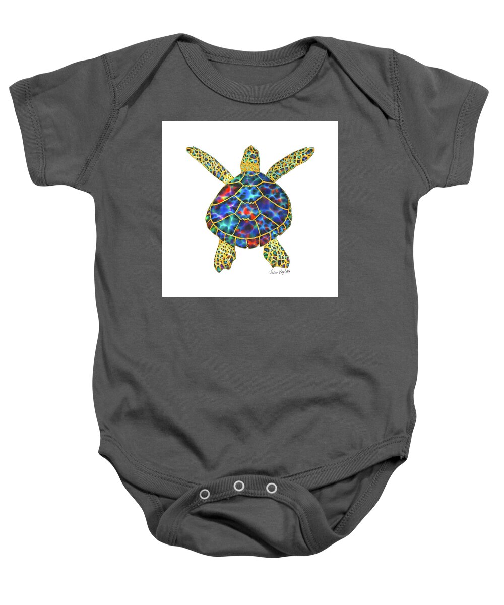  Baby Onesie featuring the painting Opal Sea Turtle white background by Daniel Jean-Baptiste