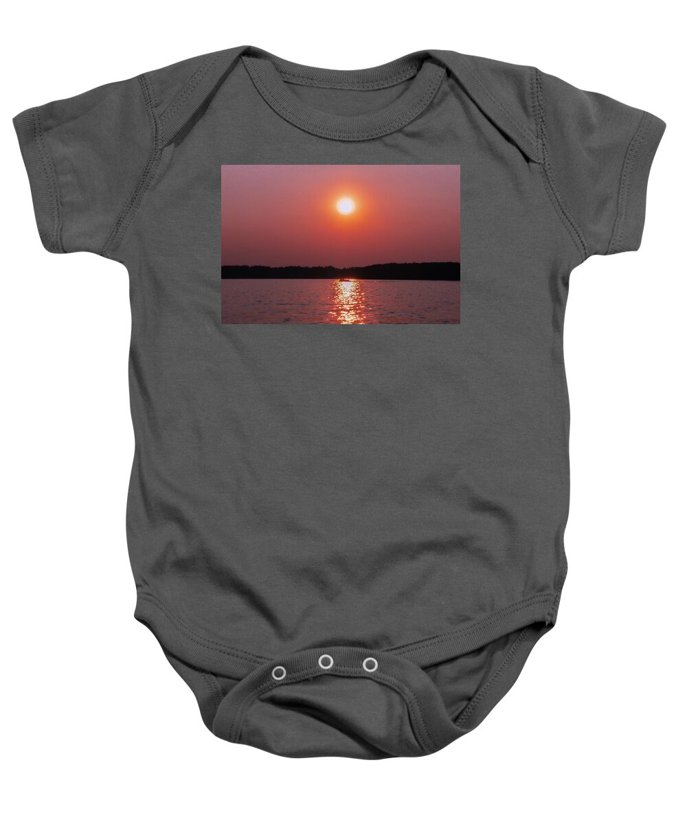 Lake Baby Onesie featuring the photograph Orange Lake Sunset Cruising by Ed Williams