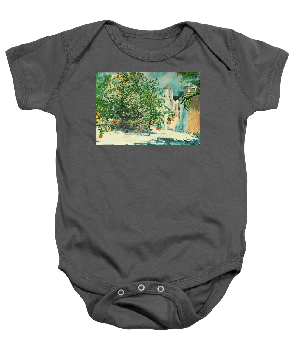 Winslow Homer Baby Onesie featuring the painting Orange Trees and Gate, 1885 by Winslow Homer