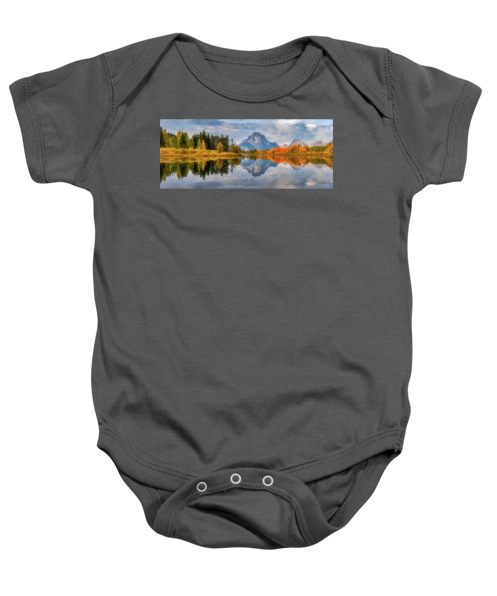 Mount Moran Baby Onesie featuring the photograph Oxbow Autumn Pano by Darren White