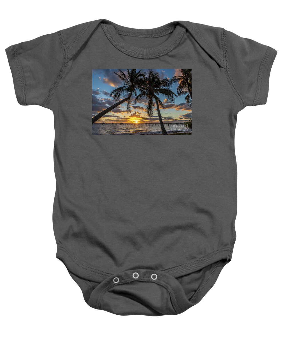 Sun Baby Onesie featuring the photograph Palm and Pier Sunrise by Tom Claud