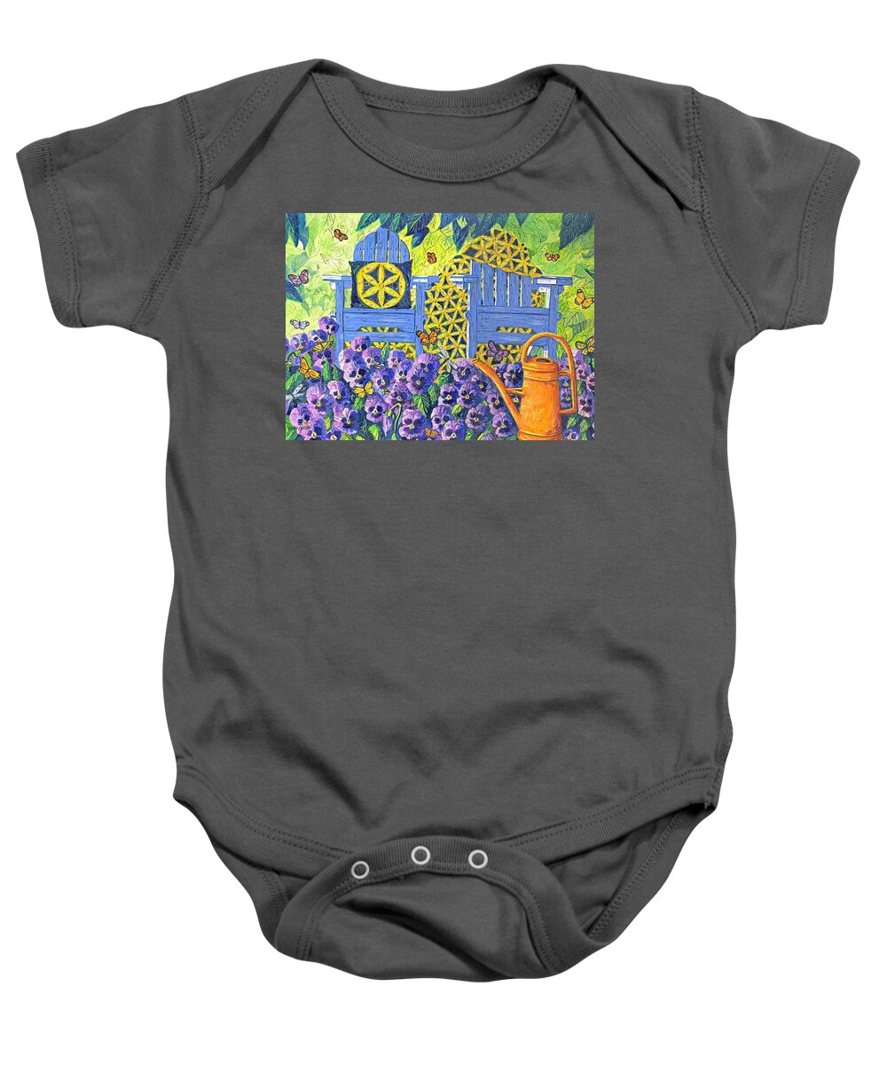 Purple Pansies Baby Onesie featuring the painting Pansy Quilt Garden by Diane Phalen