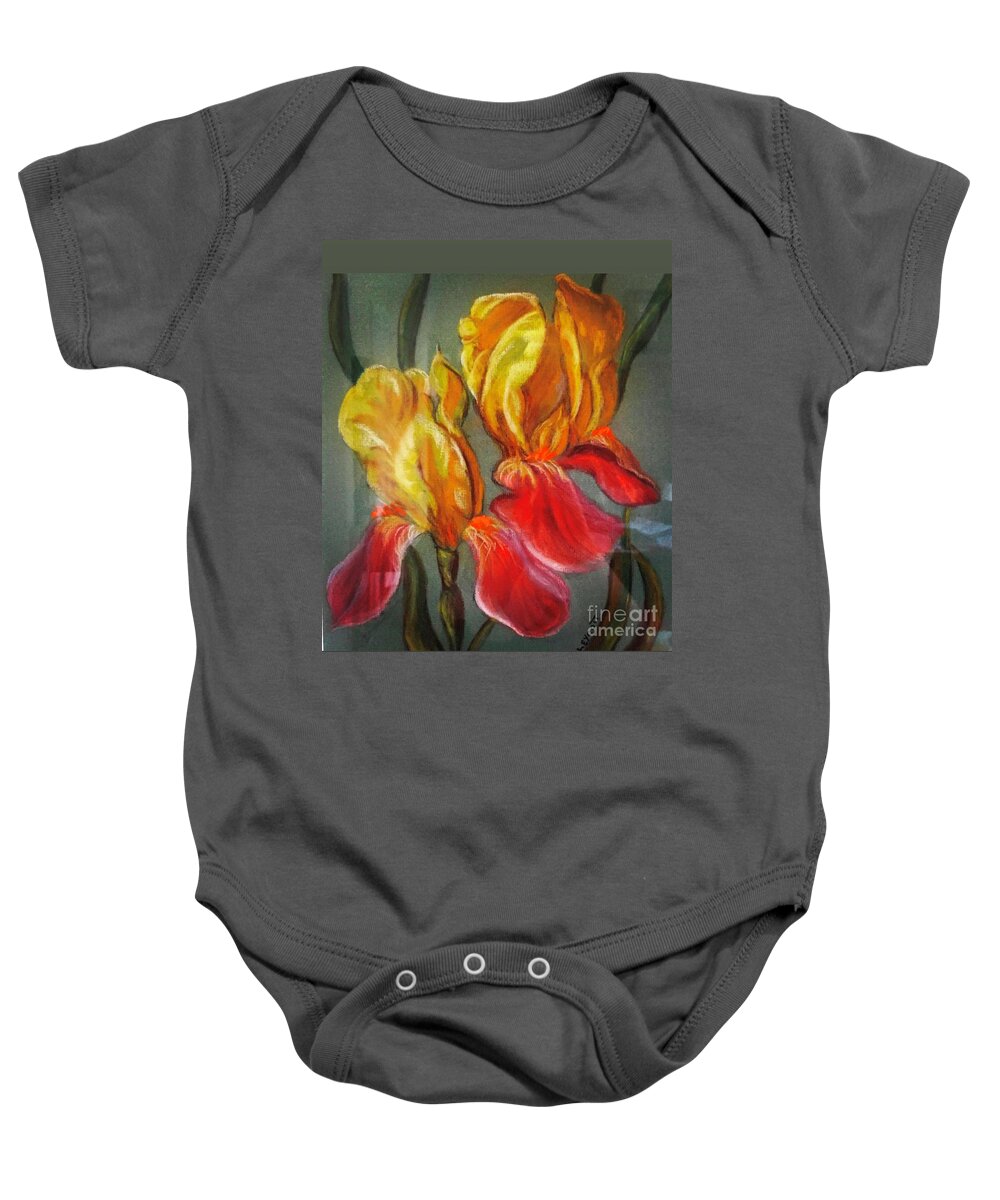 Colored Pencil Baby Onesie featuring the painting Bi-color Gold and Purple German Bearded Iris in Pastel Pencils and Chalk by Catherine Ludwig Donleycott