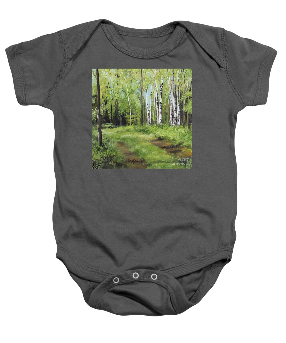 Landscape Baby Onesie featuring the painting Path to the Birches by Laurie Rohner