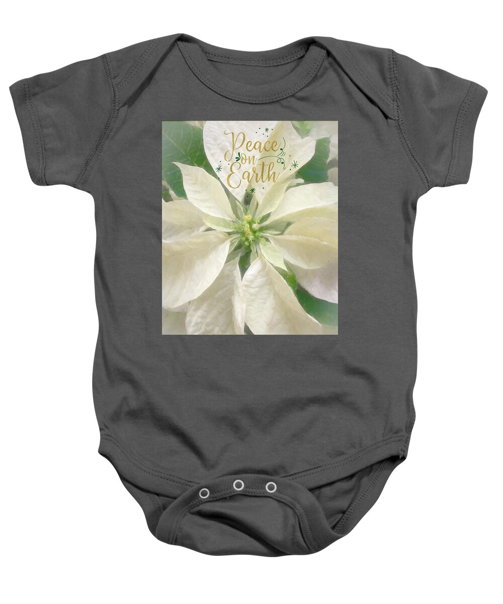 Poinsettia Baby Onesie featuring the photograph Peace on Earth - White Poinsettia by Teresa Wilson