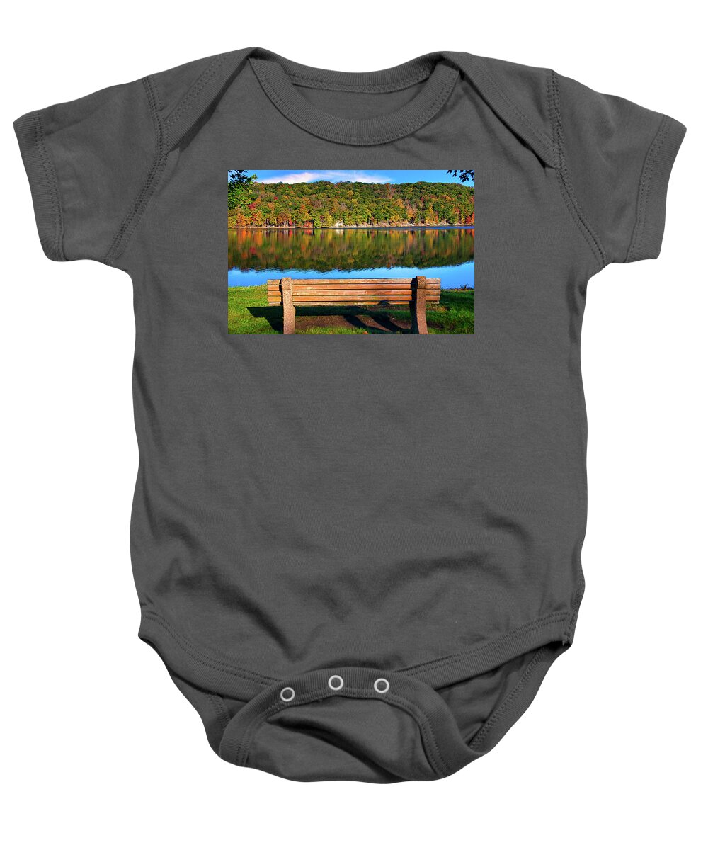 Bench Baby Onesie featuring the photograph Peaceful Morning by Anthony Sacco