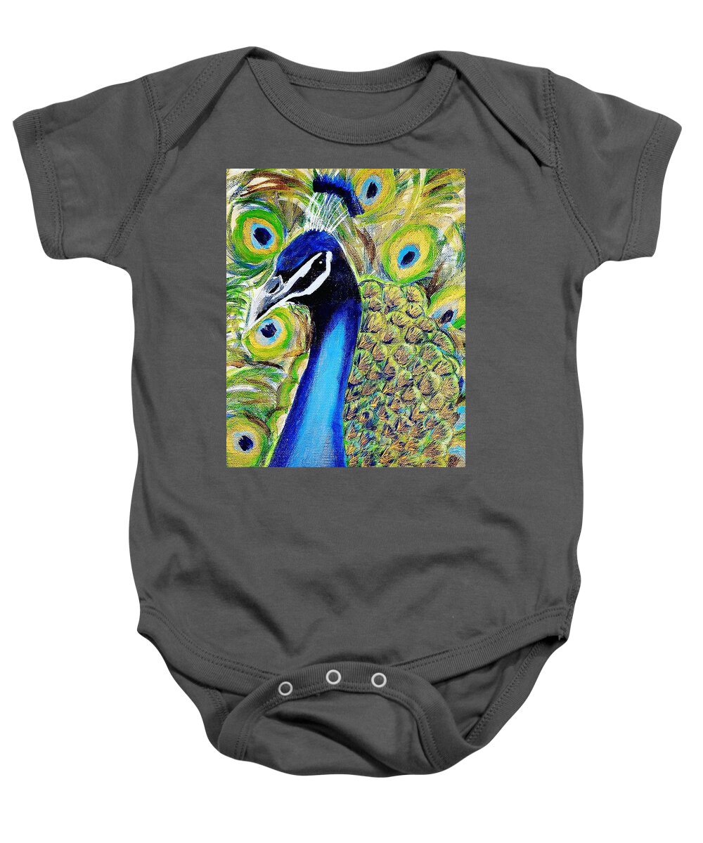 Peacock Baby Onesie featuring the painting Peacock by Amy Kuenzie