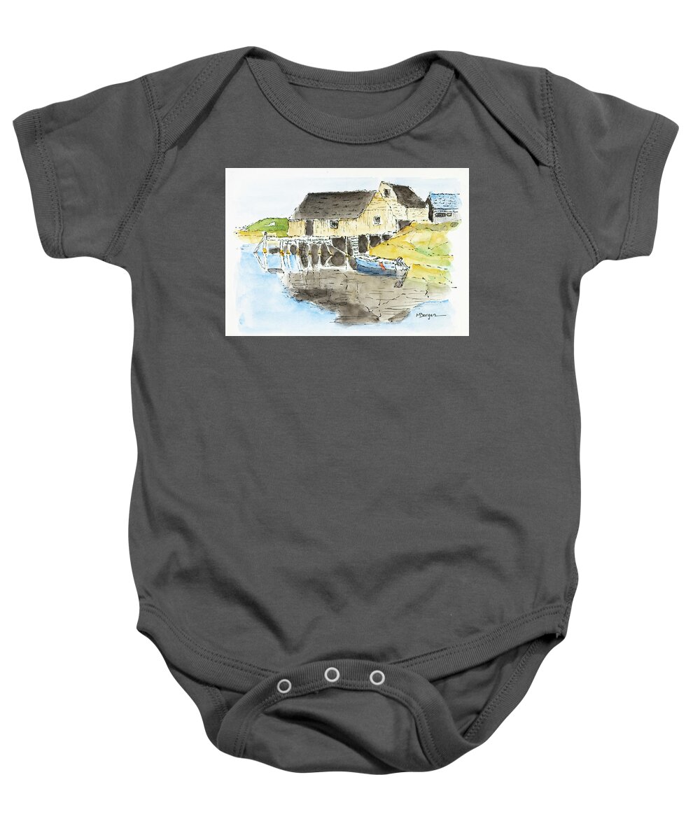Nova Scotia Baby Onesie featuring the drawing Peggys Cove, Nova Scotia by Mike Bergen