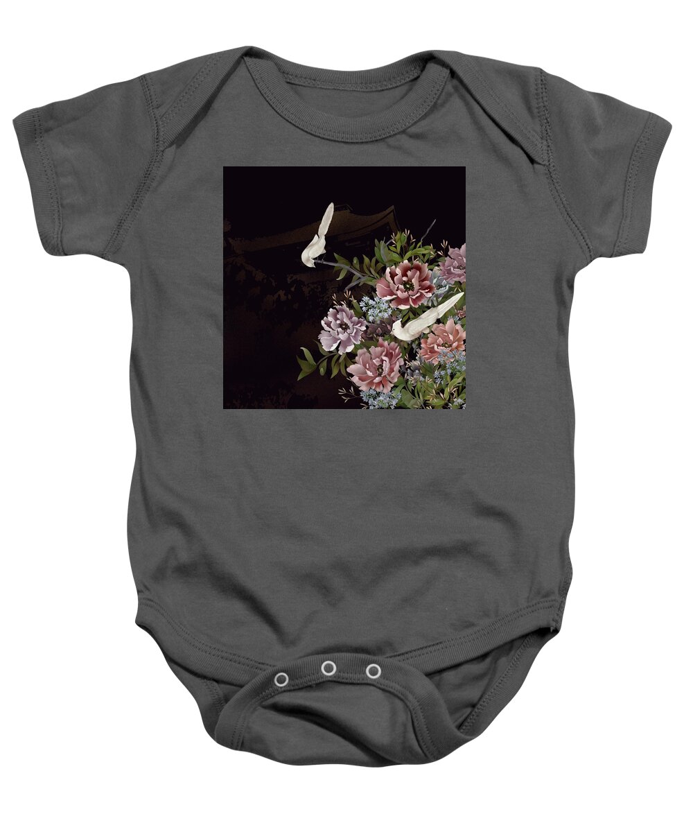 Chinoiserie Baby Onesie featuring the digital art Peonies and Birds Glitter Temple Chinoiserie by Sand And Chi