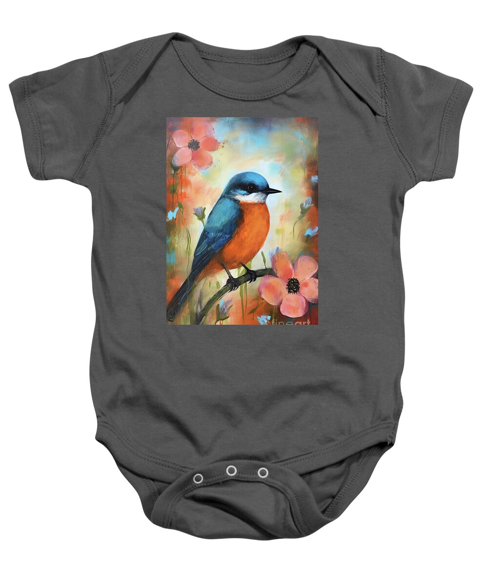 Bluebird Baby Onesie featuring the painting Perched On The Poppies by Tina LeCour