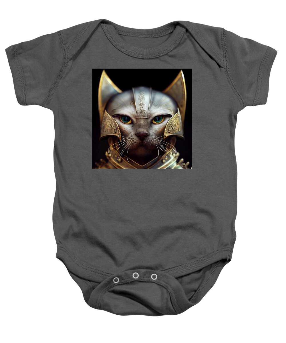 Warriors Baby Onesie featuring the digital art Persephone the Silver Cat Warrior Princess by Peggy Collins