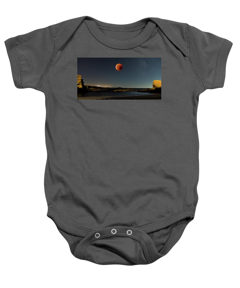 Porto Covo Baby Onesie featuring the photograph Pessegueiro Island and Blood Moon by Angelo DeVal