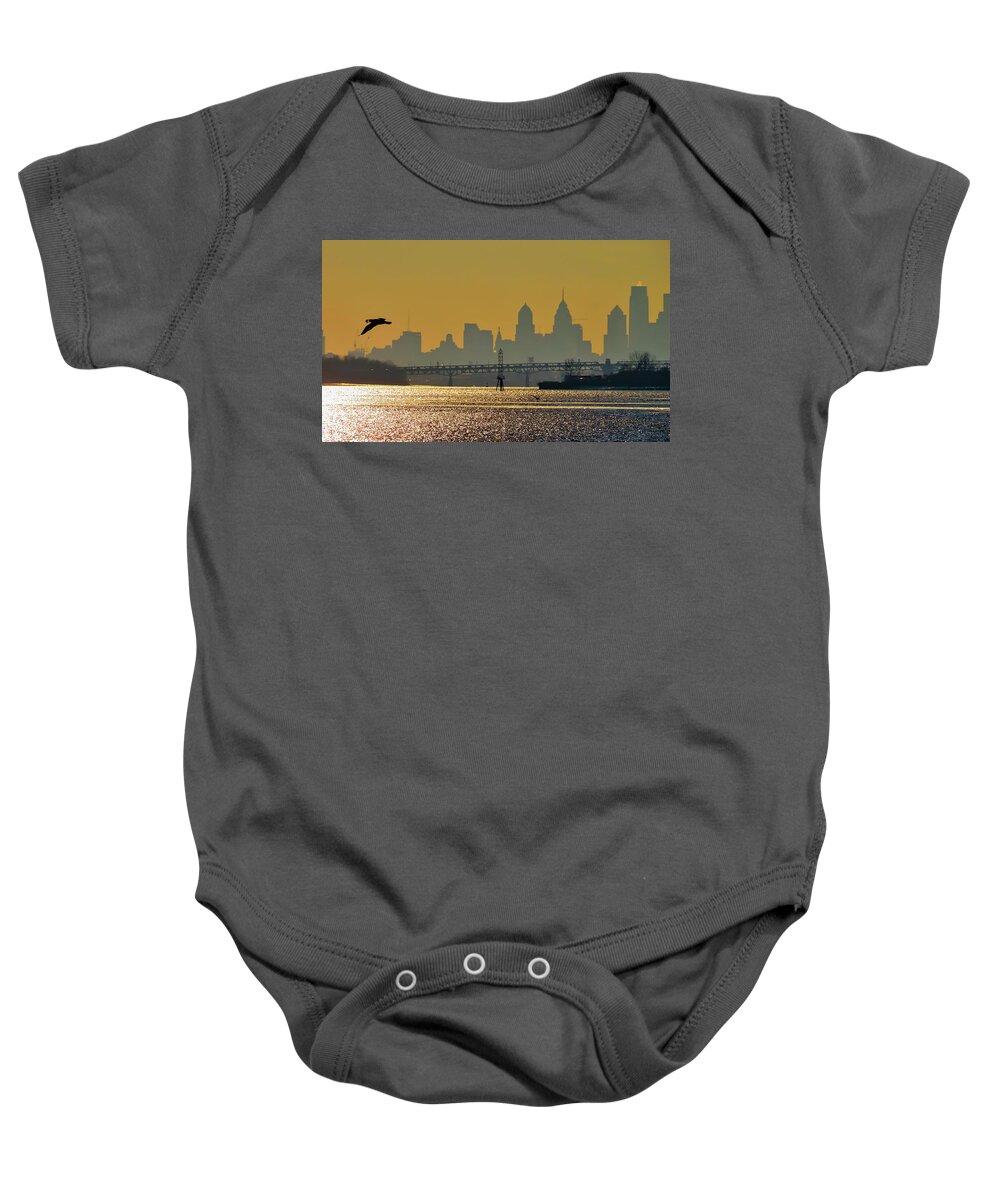 Philadelphia Baby Onesie featuring the photograph Philadelphia Skyline with Gull at Sunset as Seen from Amico Island by Linda Stern