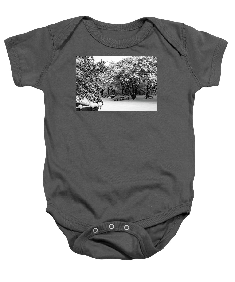 Black & White Photography Baby Onesie featuring the photograph Picnic Under Snow Branches by Deb Beausoleil