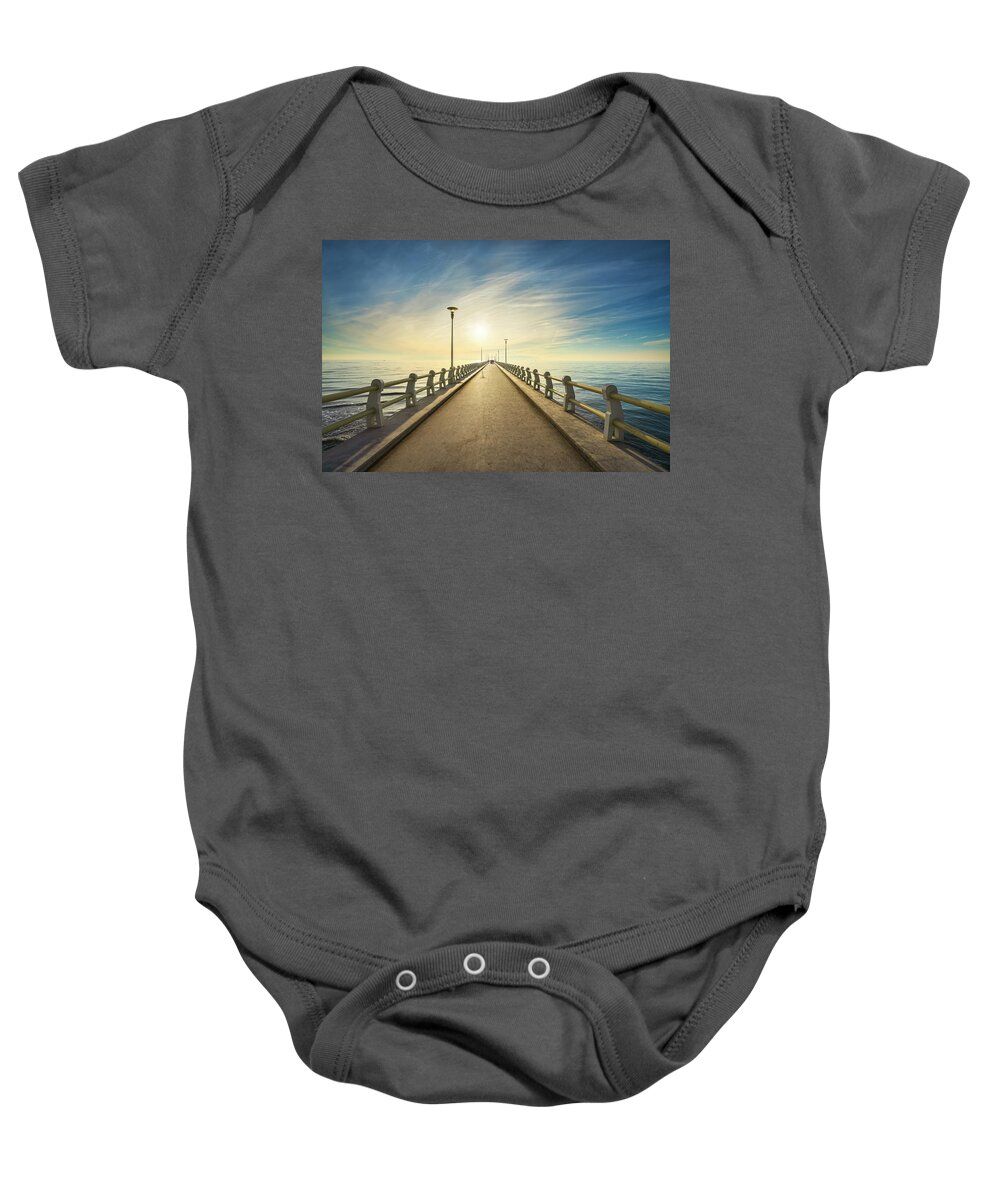 Versilia Baby Onesie featuring the photograph Pier of Forte dei Marmi at sunset by Stefano Orazzini