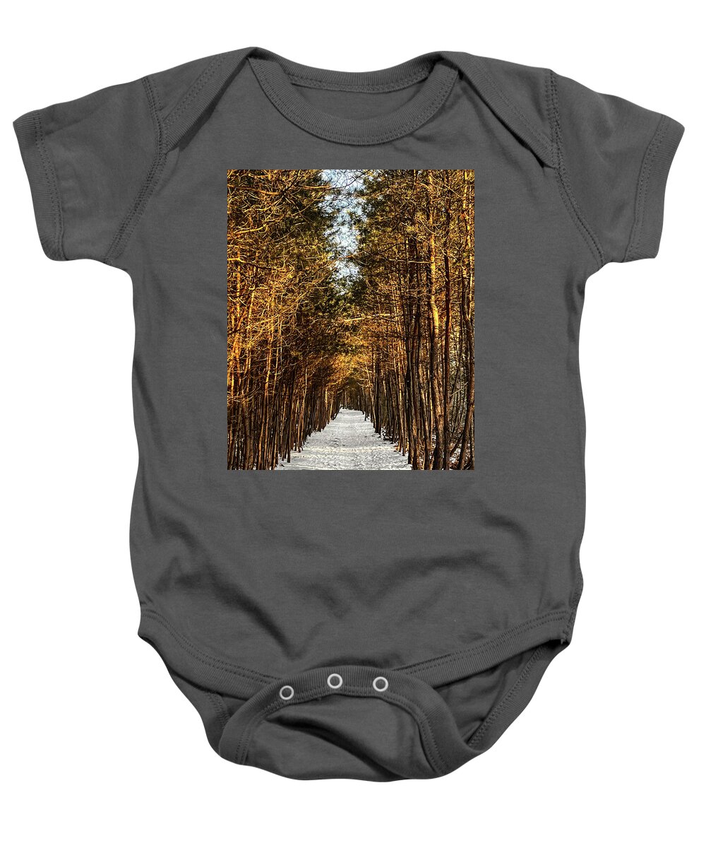 Winter Baby Onesie featuring the photograph Pine walk in Springwater Park by James Canning