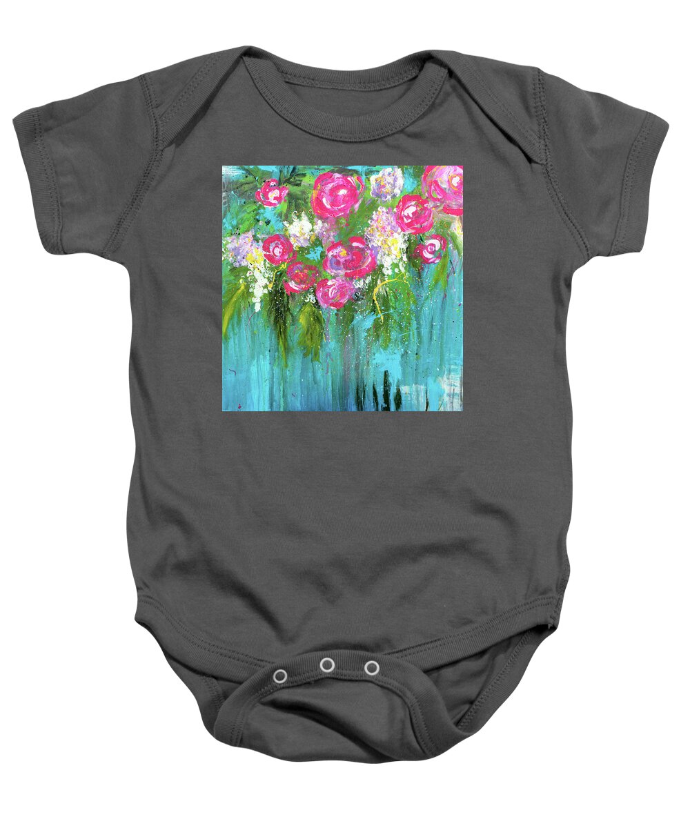 Pink Baby Onesie featuring the painting Pink Rose Bohemian Abstract Floral by Joanne Herrmann