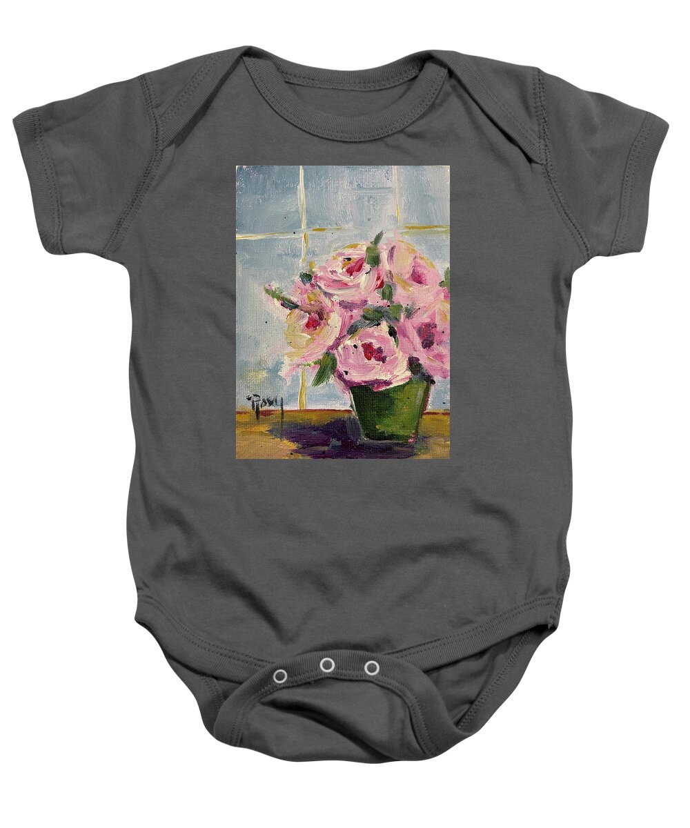 Pink Roses Baby Onesie featuring the painting Pink Roses by the Window by Roxy Rich