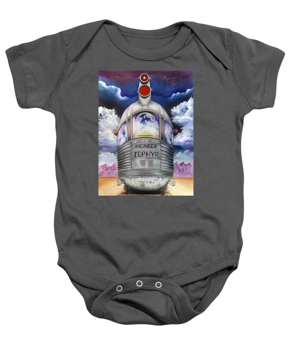 Train Baby Onesie featuring the mixed media Pioneer Zephyr by David Neace CPX