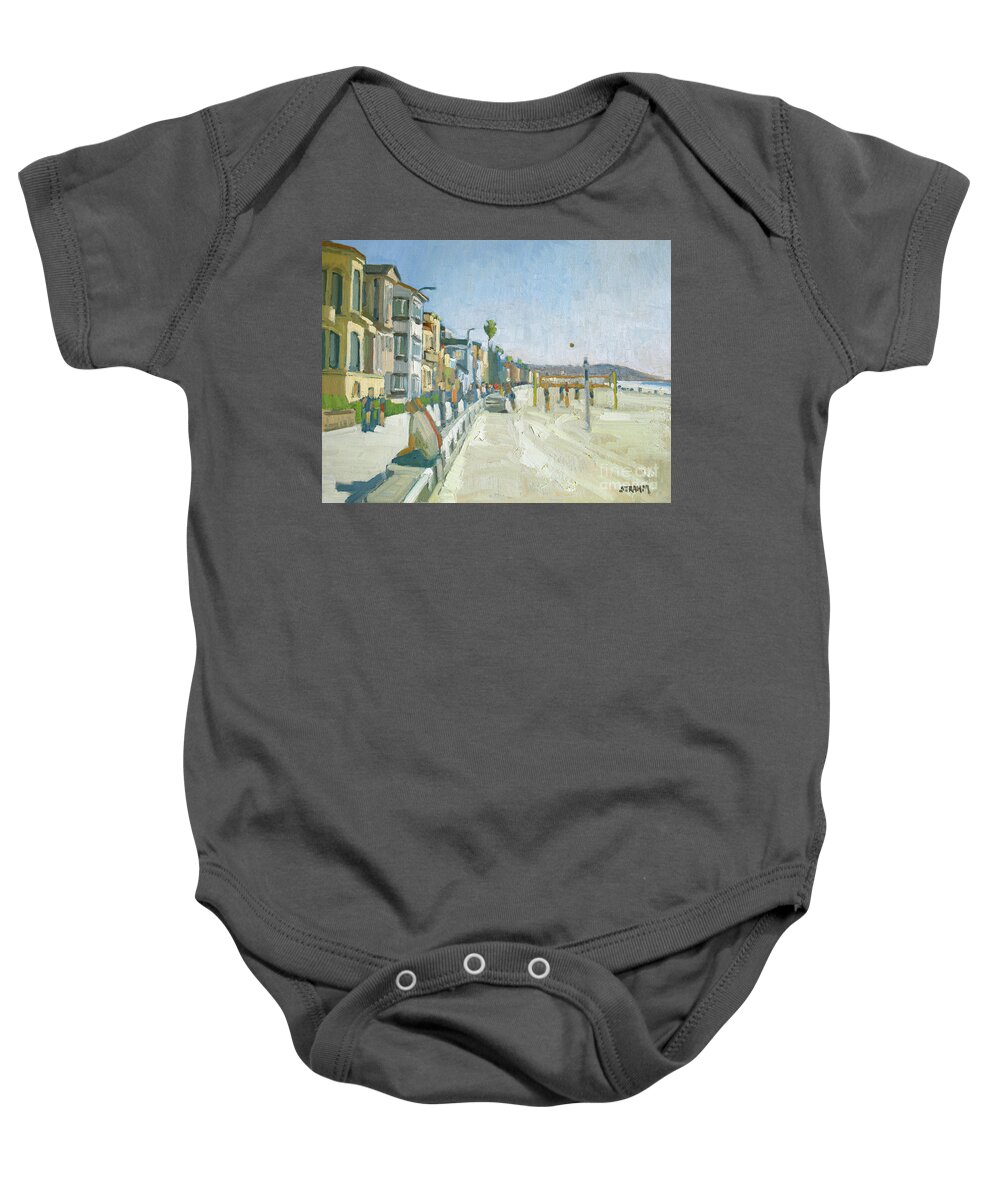 Beach Volleyball Baby Onesie featuring the painting Playing Beach Volleyball - Pacific Beach, San Diego, California by Paul Strahm